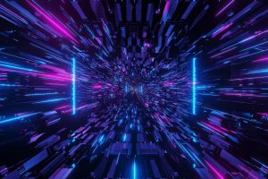 A 3D illustration of blue and purple futuristic sci-fi techno lights-cool background